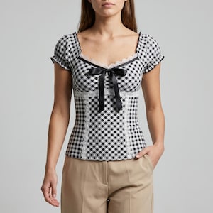 Top con ribete de encaje a cuadros – Blusa ajustada con lazo frontal, camisa a cuadros de poliéster
