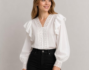 V Neck Puff Sleeve Blouse | Ruffle Shoulder Lace Trim Top | Office Casual Elegant Women Shirt | Professional Work Blouse