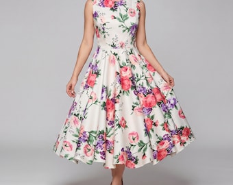 Vintage Inspired Floral Midi Dress – Garden Party Swing Outfit