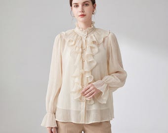 Women's Ruffle Blouse – High Neck Pleated Polyester Shirt, Flowy Sleeve Top