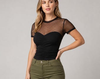 Women's Mesh Crop Top | Ribbed Fitted Short Sleeve Tee | Y2K Layering Piece | Casual Night Out Style