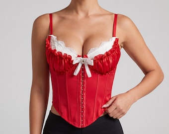 Women's Red Corset Top – Lace Trim Cami Blouse, Polyester Party Wear