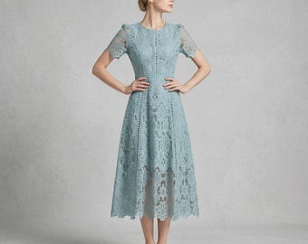 Lace Midi Dress – Vintage Style A-Line Short Sleeve Party Dress