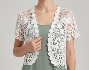 White Lace Crochet Bolero – Summer Openwork Shrug Top, Cotton Blend Layering Piece