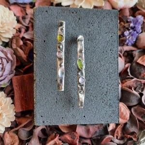 Sterling Silver Jewelry Set, Handmade Hammered Cuff Bracelet and Drop Earrings with Tourmaline, Oxidized Artisan Set, Gift for Her image 3