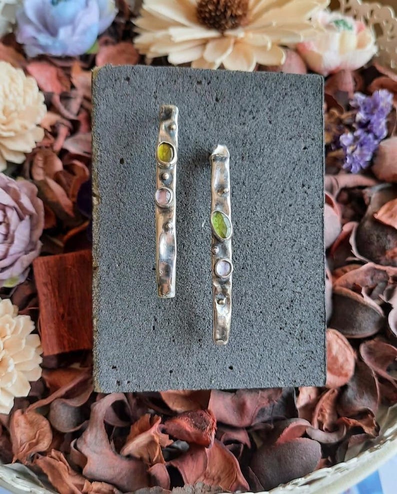 Sterling Silver Jewelry Set, Handmade Hammered Cuff Bracelet and Drop Earrings with Tourmaline, Oxidized Artisan Set, Gift for Her image 3