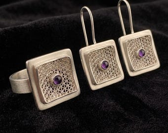 Amethyst Ring and Earrings Set 925 Sterling Silver, Handmade Square Filigree Telkari Jewelry Set, Purple Gemstone Statement Gift for Women
