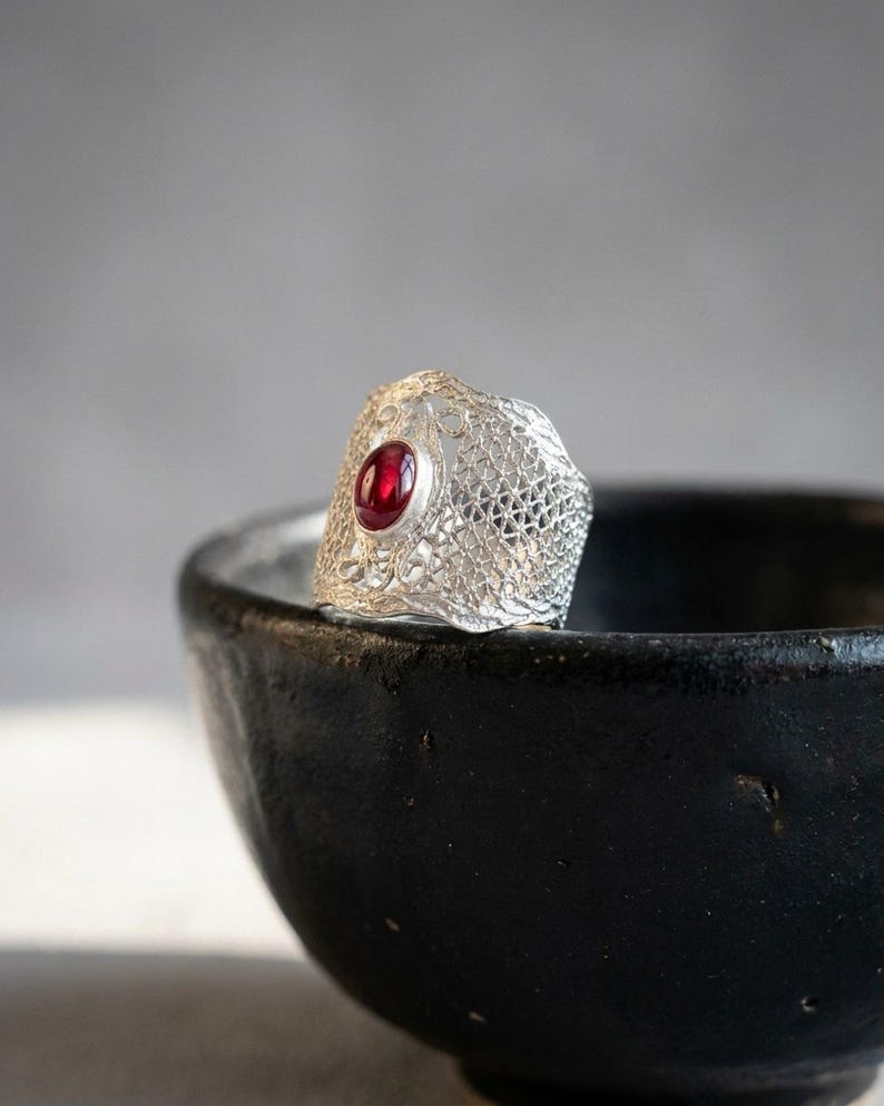 Tourmaline Statement Ring 925 Sterling Silver, Handmade Filigree Wide Band Ring for Women, Natural Gemstone Jewelry, Artisan Gift image 6