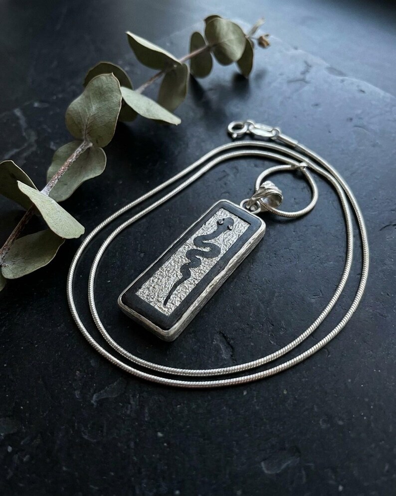 Snake Pendant Necklace 925 Sterling Silver and Ebony Wood, Handmade Serpent Necklace for Women, Hand Sawn Wood Jewelry, Artisan Gift image 5