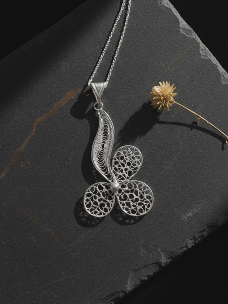 Trinity Pendant Necklace 925 Sterling Silver, Handmade Filigree Telkari Necklace for Women, Faith Hope Love Jewelry, Artisan Gift image 1