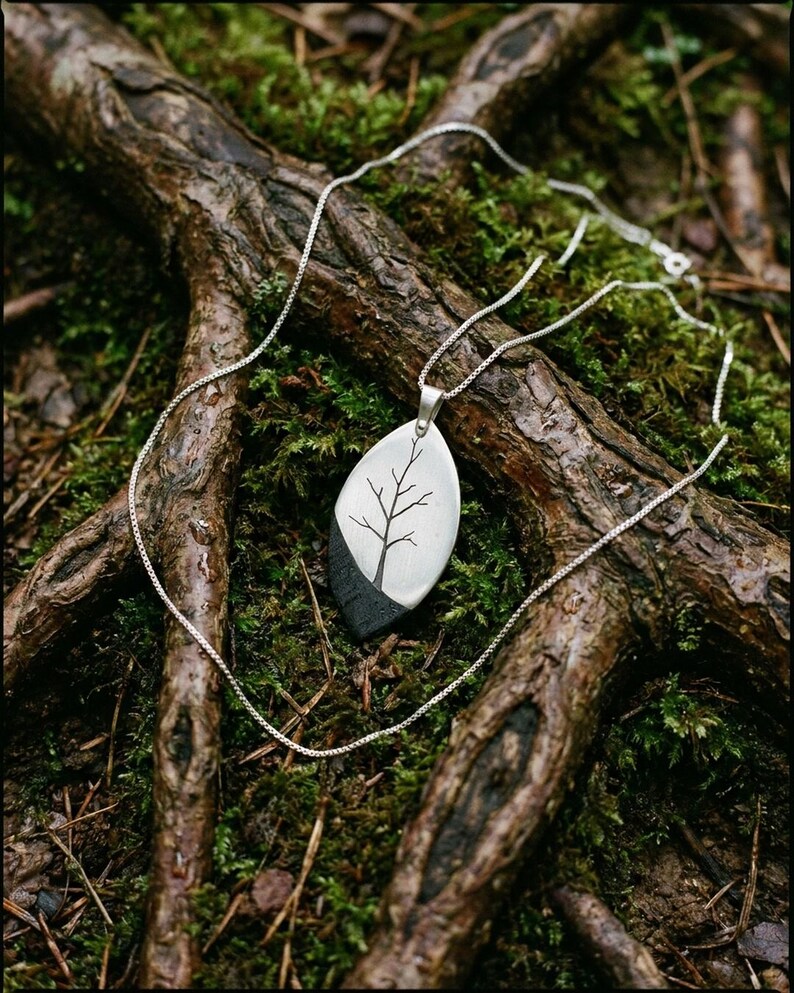 Tree of Life Necklace 925 Sterling Silver and Ebony Wood, Handmade Hand Sawn Pendant for Women, Nature Wood Jewelry, Artisan Gift image 8