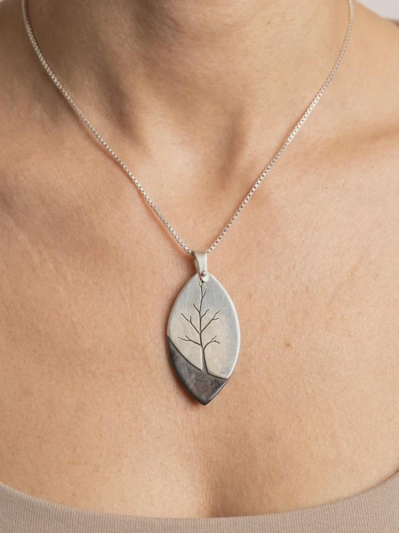 Tree of Life Necklace 925 Sterling Silver and Ebony Wood, Handmade Hand Sawn Pendant for Women, Nature Wood Jewelry, Artisan Gift image 3