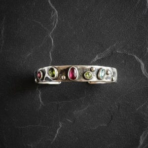 Sterling Silver Cuff Bracelet, Adjustable Open Bangle with Tourmaline, Handmade Filigree Statement Bracelet for Women, Artisan Jewelry image 4