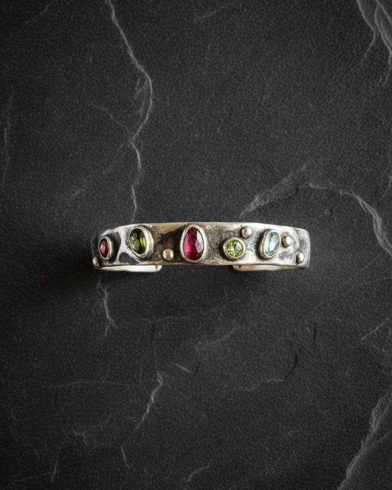 Sterling Silver Cuff Bracelet, Adjustable Open Bangle with Tourmaline, Handmade Filigree Statement Bracelet for Women, Artisan Jewelry image 4