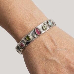 Sterling Silver Cuff Bracelet, Adjustable Open Bangle with Tourmaline, Handmade Filigree Statement Bracelet for Women, Artisan Jewelry image 3