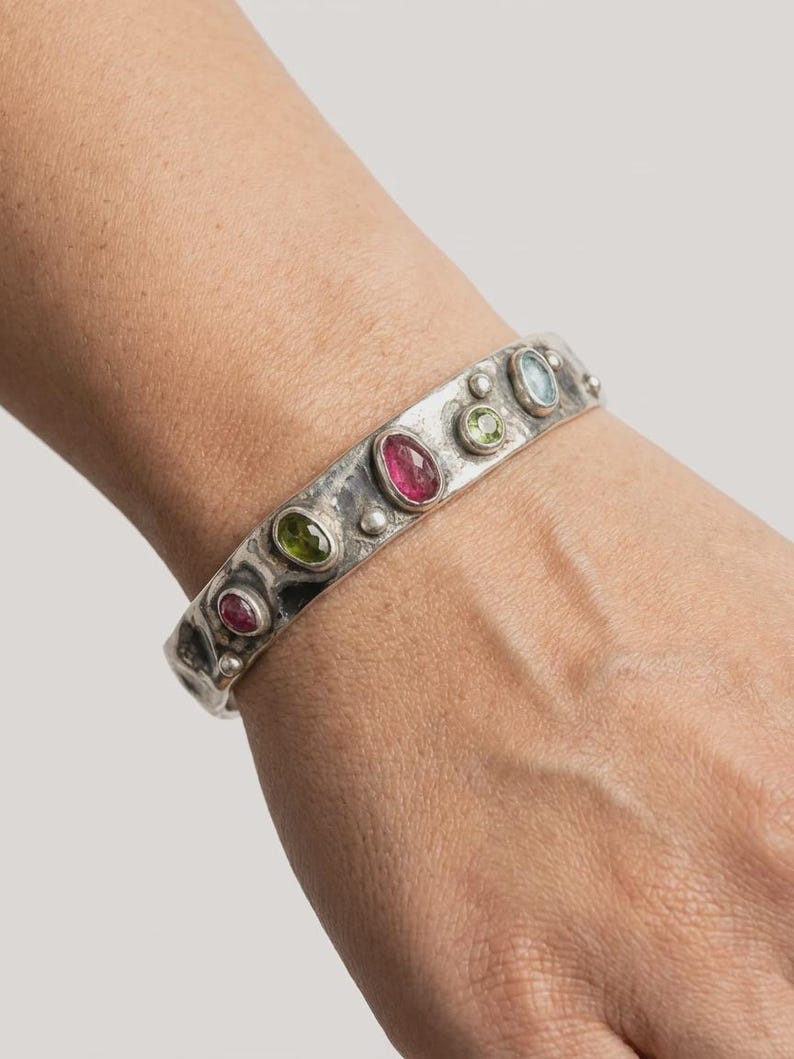 Sterling Silver Cuff Bracelet, Adjustable Open Bangle with Tourmaline, Handmade Filigree Statement Bracelet for Women, Artisan Jewelry image 3