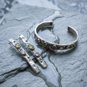 Sterling Silver Jewelry Set, Handmade Hammered Cuff Bracelet and Drop Earrings with Tourmaline, Oxidized Artisan Set, Gift for Her image 6