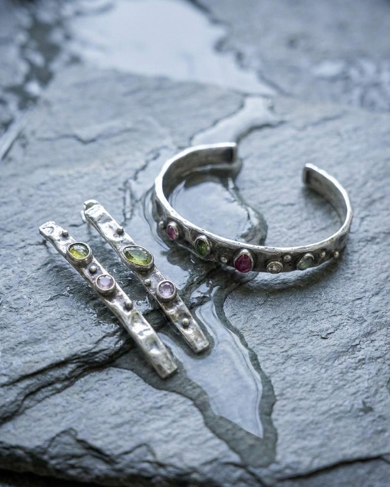 Sterling Silver Jewelry Set, Handmade Hammered Cuff Bracelet and Drop Earrings with Tourmaline, Oxidized Artisan Set, Gift for Her image 6