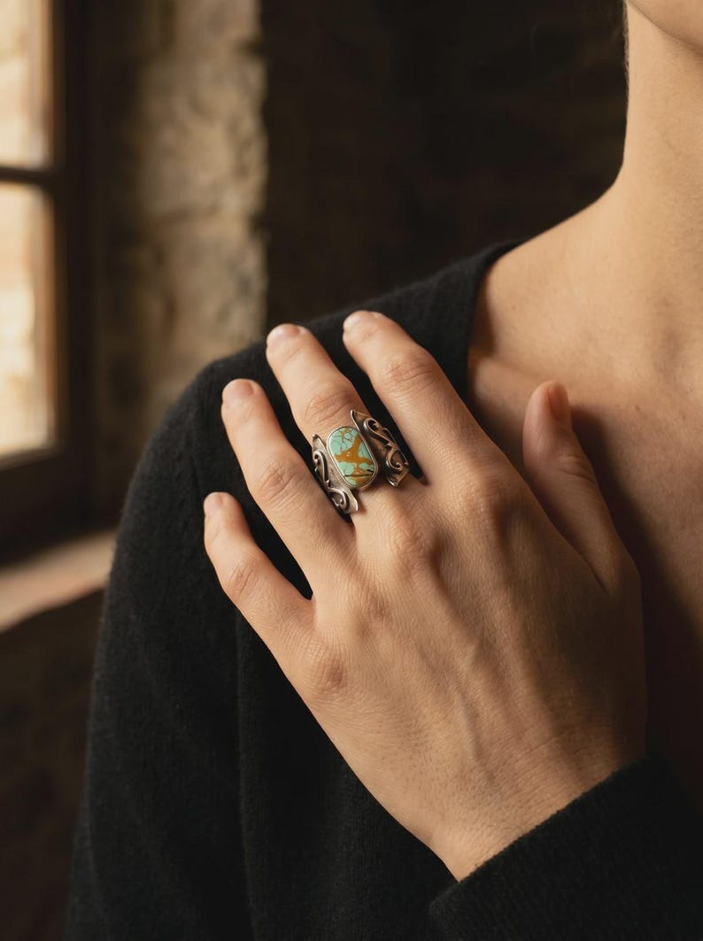 Anillo de turquesa de plata de ley 925, anillo llamativo de filigrana hecho a mano, anillo bohemio de piedra natural para mujer, regalo de joyería artesanal Telkari imagen 1