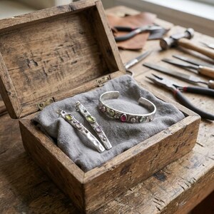 Sterling Silver Jewelry Set, Handmade Hammered Cuff Bracelet and Drop Earrings with Tourmaline, Oxidized Artisan Set, Gift for Her image 8