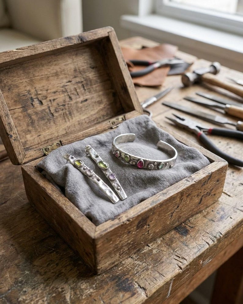Sterling Silver Jewelry Set, Handmade Hammered Cuff Bracelet and Drop Earrings with Tourmaline, Oxidized Artisan Set, Gift for Her image 8