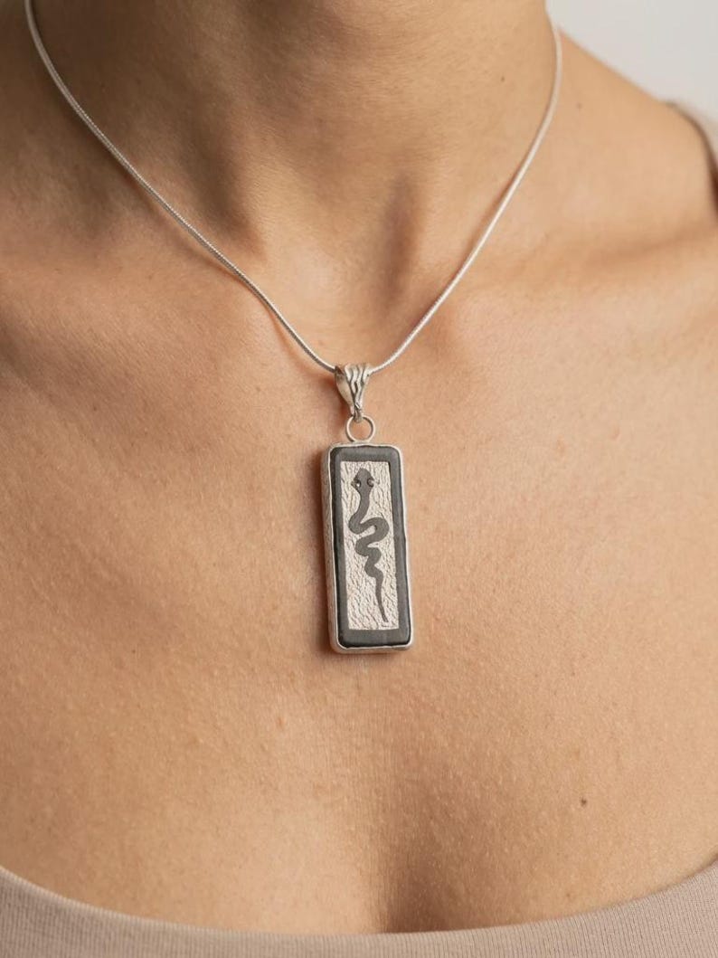 Snake Pendant Necklace 925 Sterling Silver and Ebony Wood, Handmade Serpent Necklace for Women, Hand Sawn Wood Jewelry, Artisan Gift image 3