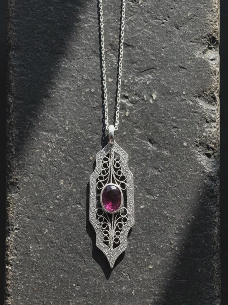 Turmalinhalsband 925 sterlingsilver, handgjort filigranhänge för kvinnor, halsband med natursten, hantverksmässiga Telkari-smycken bild 1