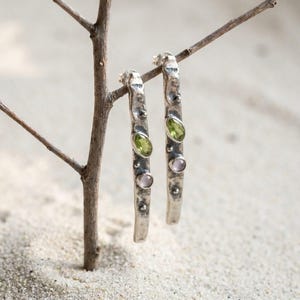 Long Drop Earrings 925 Sterling Silver, Handmade Hammered Dangle Earrings with Peridot and Amethyst, Oxidized Artisan Jewelry Gift image 5