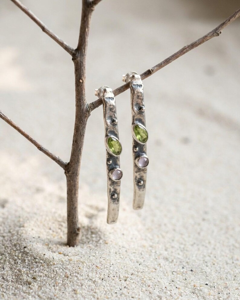 Long Drop Earrings 925 Sterling Silver, Handmade Hammered Dangle Earrings with Peridot and Amethyst, Oxidized Artisan Jewelry Gift image 5