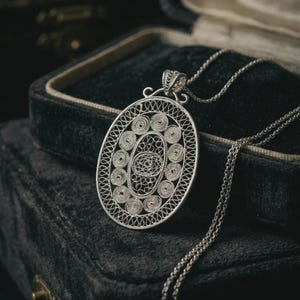 Large Filigree Pendant Necklace 925 Sterling Silver, Handmade Telkari Statement Necklace for Women, Anatolian Artisan Jewelry Gift image 1