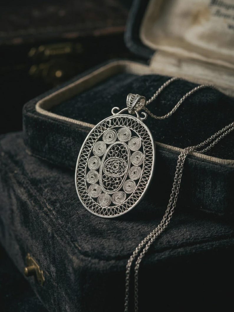 Large Filigree Pendant Necklace 925 Sterling Silver, Handmade Telkari Statement Necklace for Women, Anatolian Artisan Jewelry Gift image 1