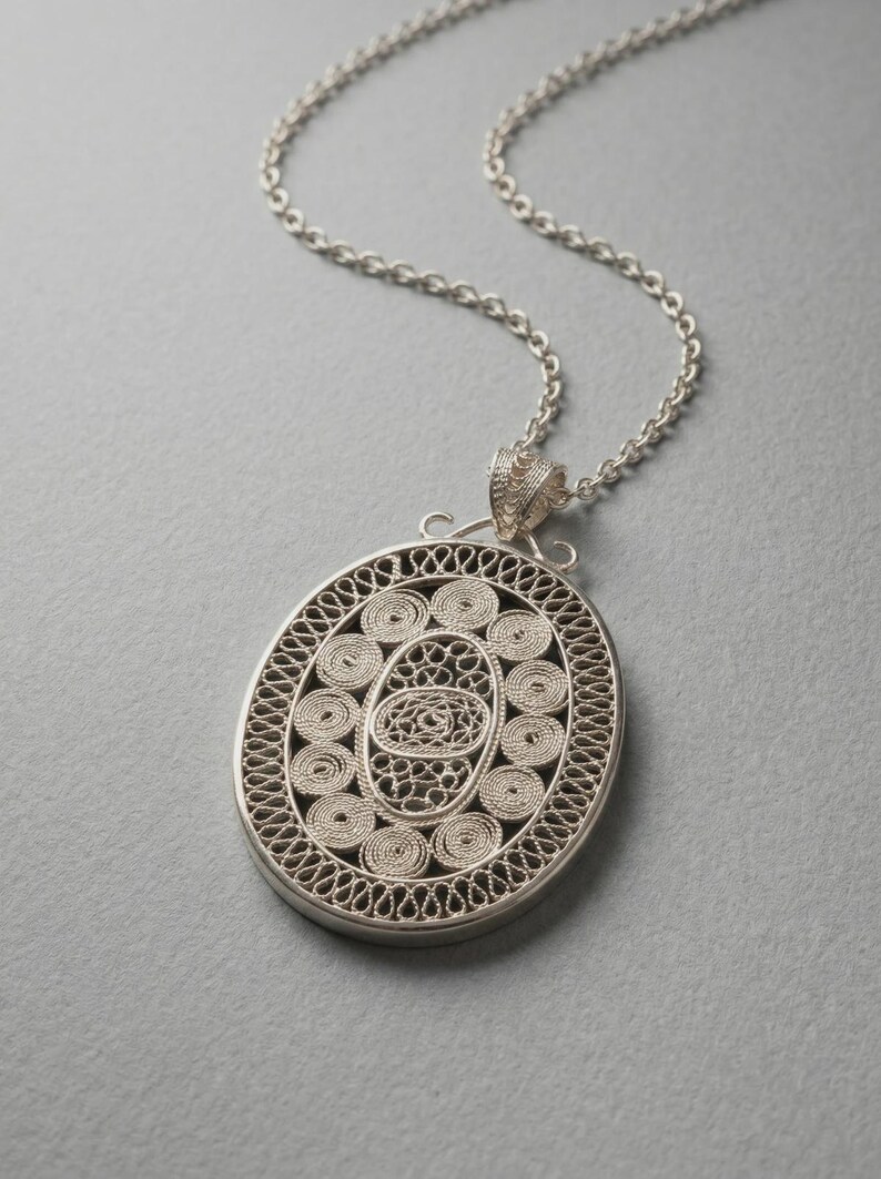 Large Filigree Pendant Necklace 925 Sterling Silver, Handmade Telkari Statement Necklace for Women, Anatolian Artisan Jewelry Gift image 4