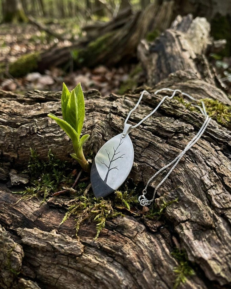 Tree of Life Necklace 925 Sterling Silver and Ebony Wood, Handmade Hand Sawn Pendant for Women, Nature Wood Jewelry, Artisan Gift image 6