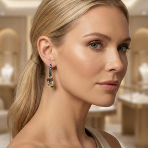 May include: A drop earring featuring a textured, hammered silver vertical bar with two rectangular, bezel-set stones in shades of brown and light green. The earring has a polished finish and a secure hook closure, showcasing a layered design.