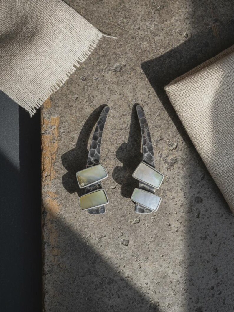 Mother of Pearl Earrings Sterling Silver, Handmade Oxidized Drop Earrings for Women, White Shell Dangle Earrings, Artisan Jewelry Gift image 1