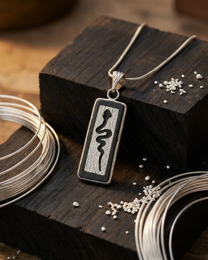 Snake Pendant Necklace 925 Sterling Silver and Ebony Wood, Handmade Serpent Necklace for Women, Hand Sawn Wood Jewelry, Artisan Gift image 4