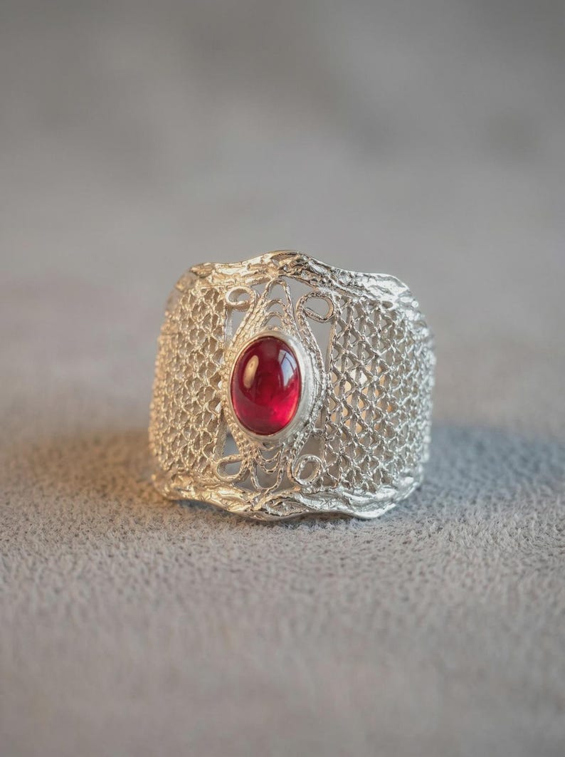 Tourmaline Statement Ring 925 Sterling Silver, Handmade Filigree Wide Band Ring for Women, Natural Gemstone Jewelry, Artisan Gift image 1