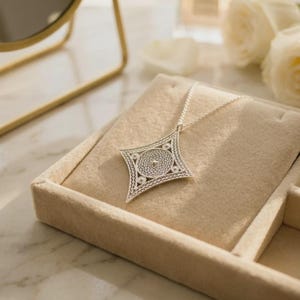 Sterling Silver Filigree Necklace, Handmade 925 Silver Pendant Necklace for Women, Lace Telkari Necklace, Elegant Artisan Jewelry Gift image 1
