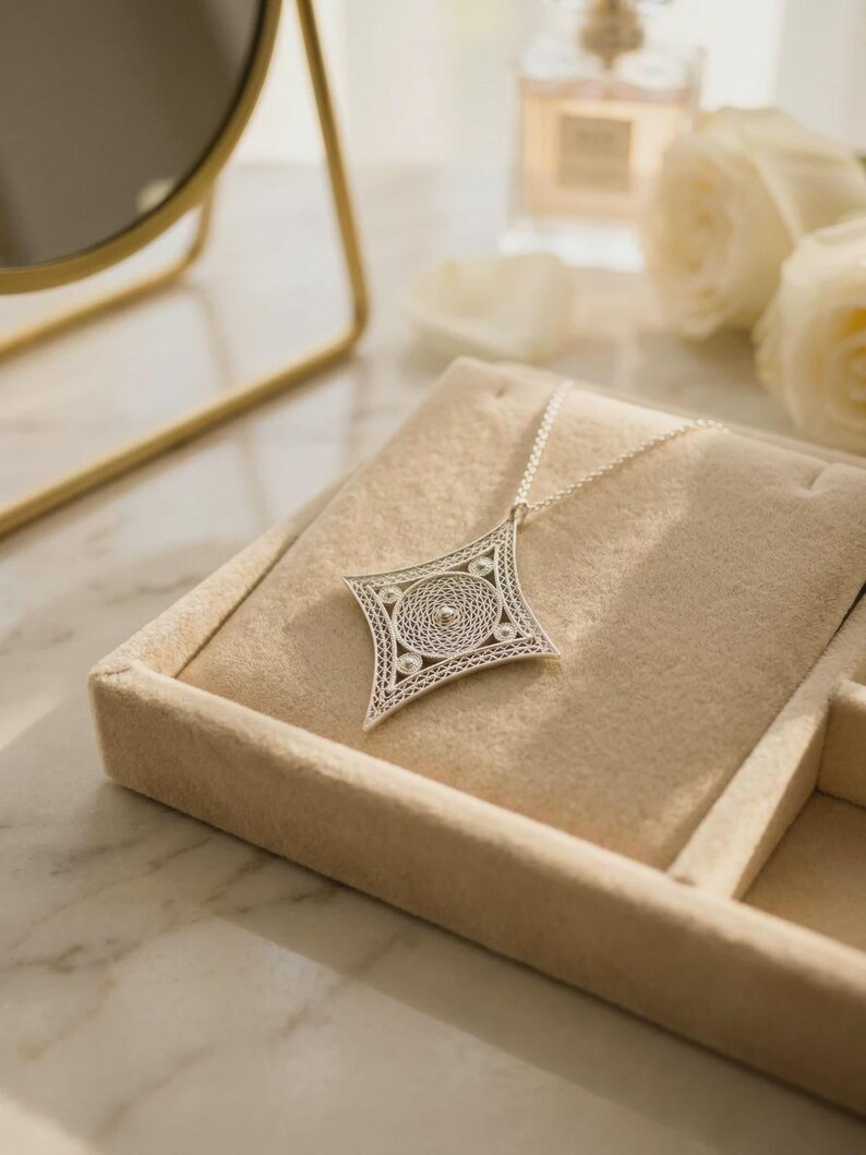 Sterling Silver Filigree Necklace, Handmade 925 Silver Pendant Necklace for Women, Lace Telkari Necklace, Elegant Artisan Jewelry Gift image 1