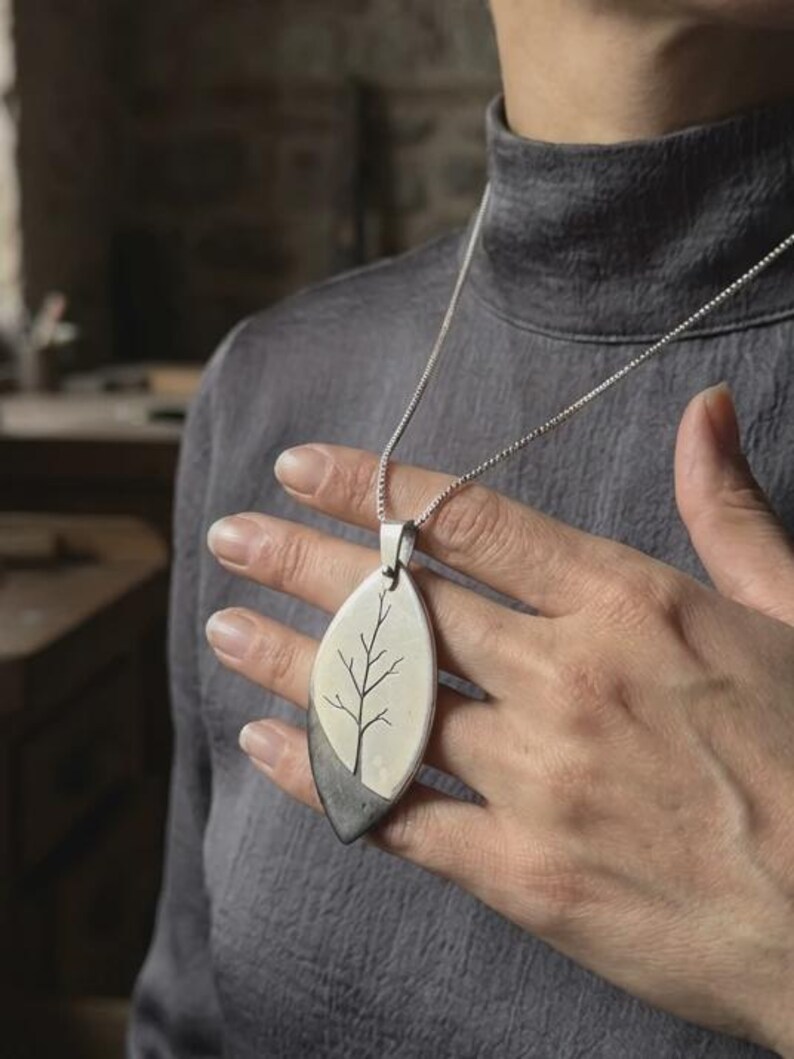 Tree of Life Necklace 925 Sterling Silver and Ebony Wood, Handmade Hand Sawn Pendant for Women, Nature Wood Jewelry, Artisan Gift image 4