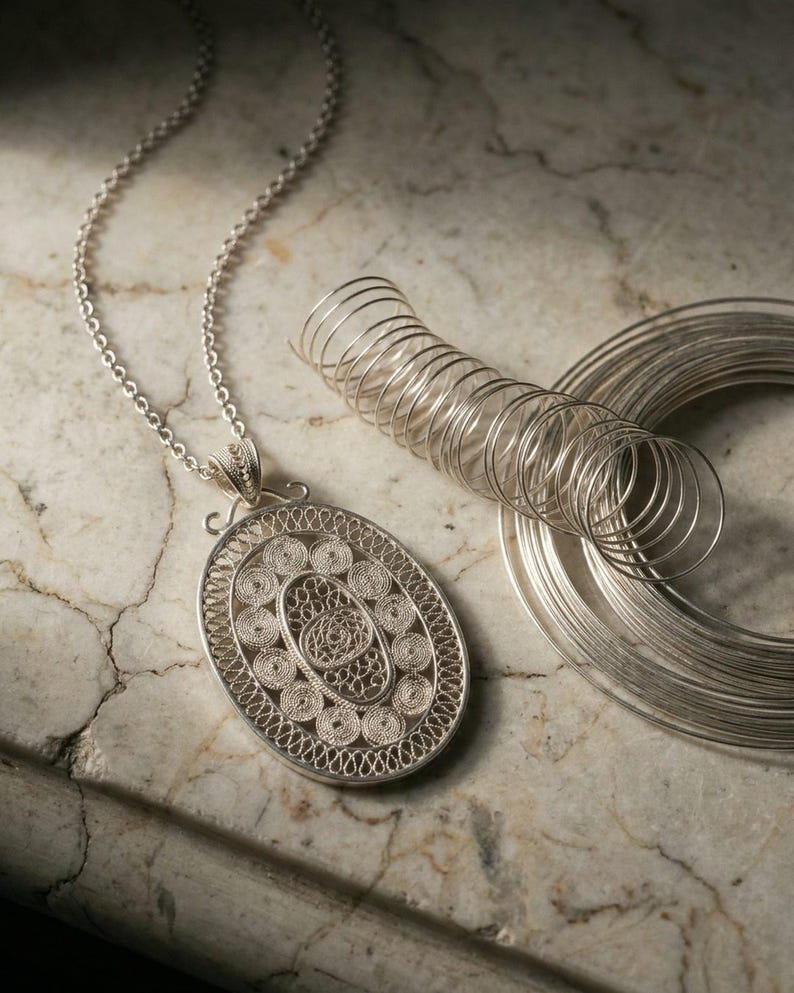 Large Filigree Pendant Necklace 925 Sterling Silver, Handmade Telkari Statement Necklace for Women, Anatolian Artisan Jewelry Gift image 5