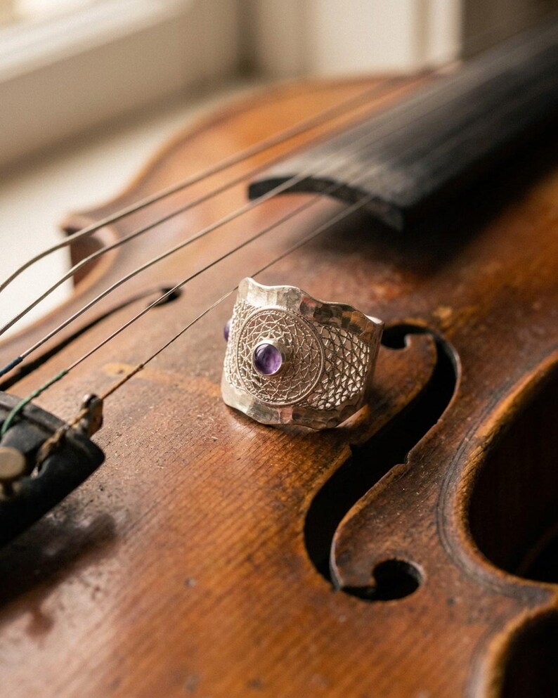 Purple Amethyst Statement Ring 925 Sterling Silver, Handmade Filigree Telkari Band for Women, February Birthstone Artisan Jewelry image 6