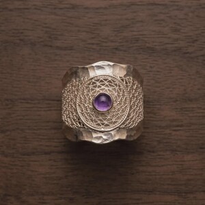 Purple Amethyst Statement Ring 925 Sterling Silver, Handmade Filigree Telkari Band for Women, February Birthstone Artisan Jewelry image 2