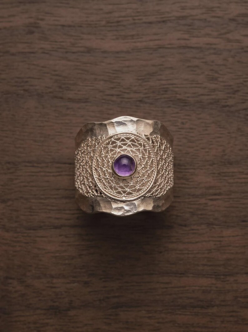 Purple Amethyst Statement Ring 925 Sterling Silver, Handmade Filigree Telkari Band for Women, February Birthstone Artisan Jewelry image 2