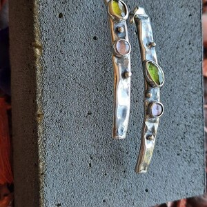 Long Drop Earrings 925 Sterling Silver, Handmade Hammered Dangle Earrings with Peridot and Amethyst, Oxidized Artisan Jewelry Gift image 9
