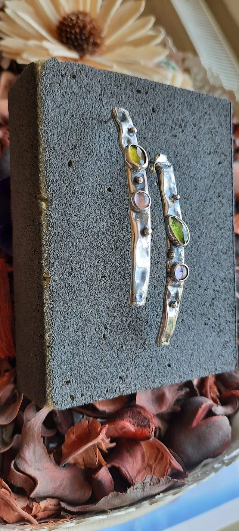 Long Drop Earrings 925 Sterling Silver, Handmade Hammered Dangle Earrings with Peridot and Amethyst, Oxidized Artisan Jewelry Gift image 9