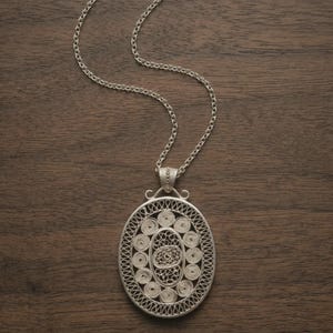 Large Filigree Pendant Necklace 925 Sterling Silver, Handmade Telkari Statement Necklace for Women, Anatolian Artisan Jewelry Gift image 2