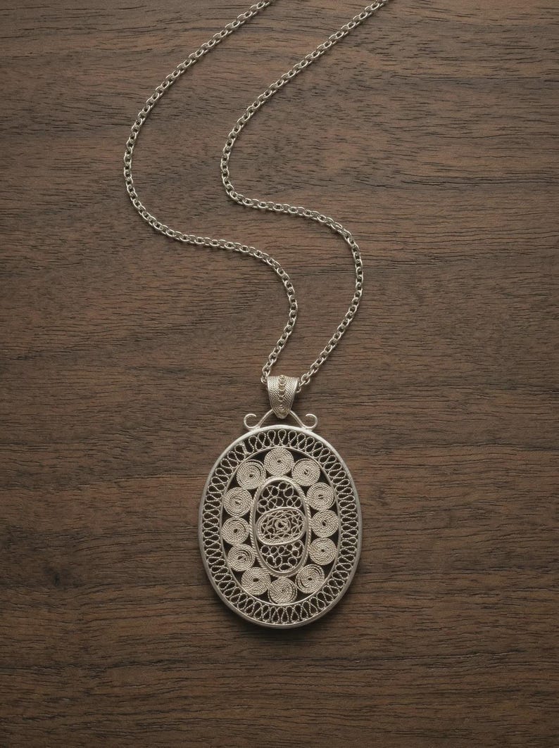 Large Filigree Pendant Necklace 925 Sterling Silver, Handmade Telkari Statement Necklace for Women, Anatolian Artisan Jewelry Gift image 2