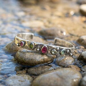 Sterling Silver Jewelry Set, Handmade Hammered Cuff Bracelet and Drop Earrings with Tourmaline, Oxidized Artisan Set, Gift for Her image 4