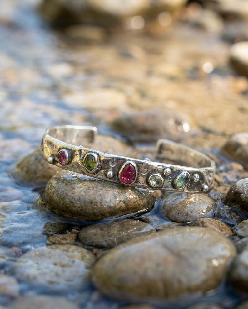 Sterling Silver Jewelry Set, Handmade Hammered Cuff Bracelet and Drop Earrings with Tourmaline, Oxidized Artisan Set, Gift for Her image 4